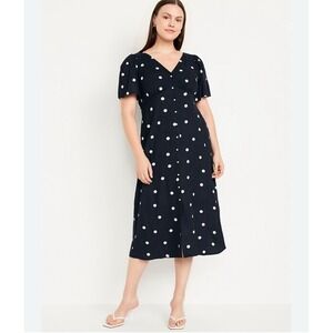 Old Navy Dress Womens 3XL Waist-Defined Midi Full Button Down Navy Polka Dot XXL